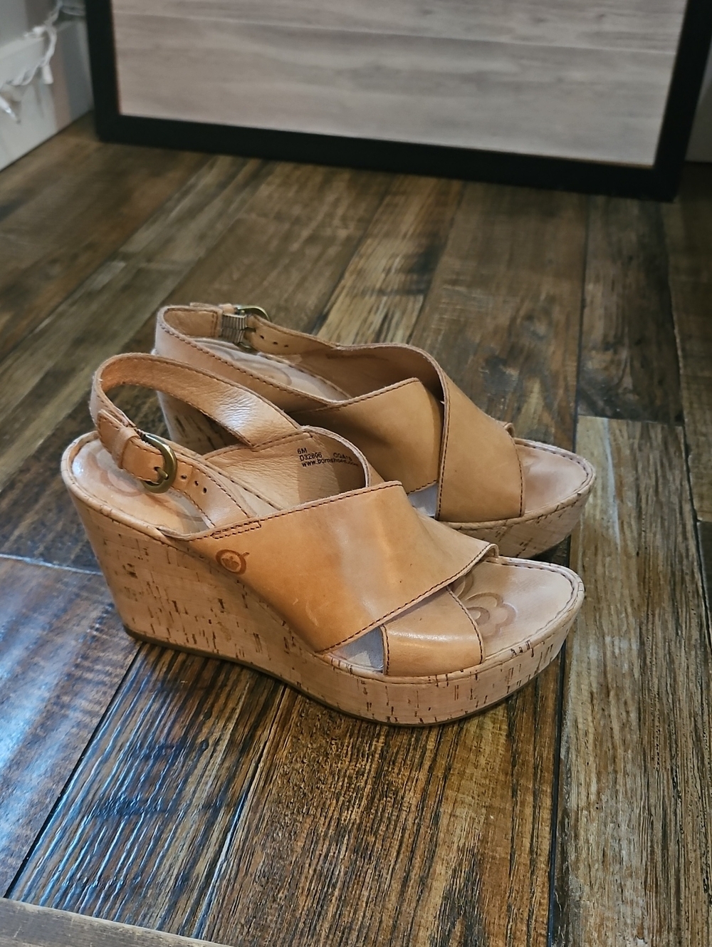 Born Women's Tan Leather Criss Cross Cork Wedge Sandals - Open Toe Slingback